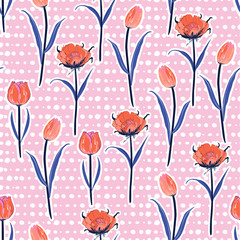 Soft and gentle Seamless hand drawn pol kadots  pattern with fresh orange blooming tulip flowers background. Vector summer design for fashion fabric
