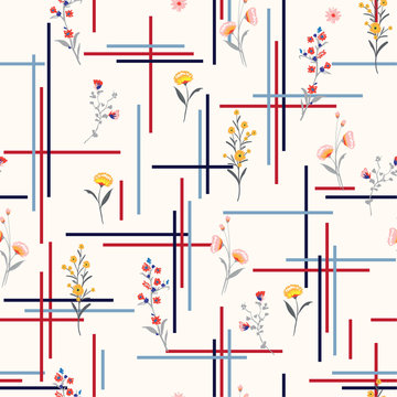 Light and gentle Seamless pattern delicate meadow many kind of  flowers vector with check or grid check