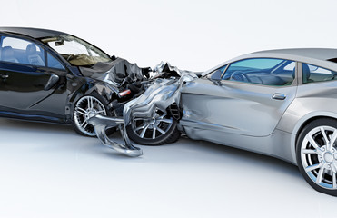 Two cars crashed in accident. Lateral close up view.