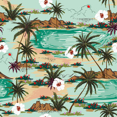 Bright summer hawaii  seamless island pattern vector. Landscape with palm trees,beach and ocean vector hand drawn style