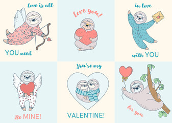 Set of cards with valentine sloths. Greeting cards with text.Vector illustration.Doodle slyle.Isolated on white background