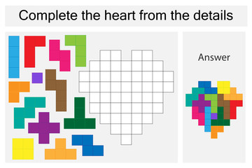 Puzzle game with colorful details for children, complete the heart, hard level, education game for kids, preschool worksheet activity, task for the development of logical thinking, vector illustration - 243150573