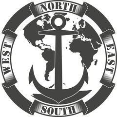 Black and white illustration with anchor world map and banner with text.