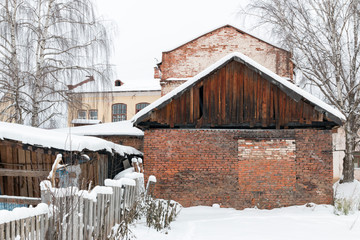 Old brick barn in winter