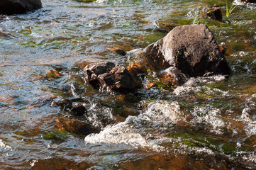 Waterfalls in summer. Clear and fresh water are falling down. Tints of green, blue and white. There are grey stones inside. Fotography made with short time-exposure 