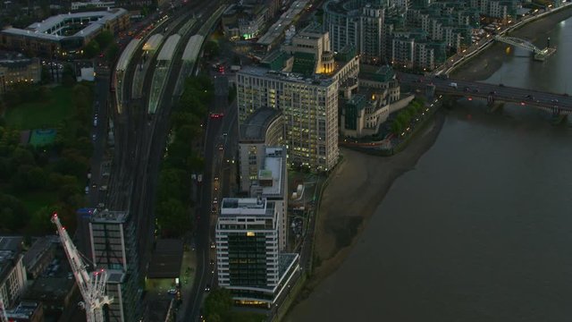 Aerial sunset view Vauxhall Bridge River Thames London