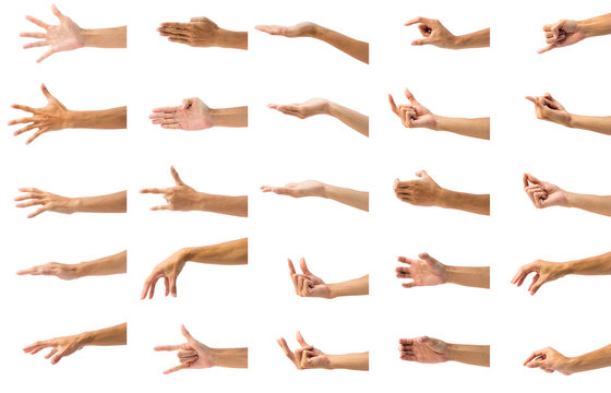 Collection of man's hand gesture isolated on white background.