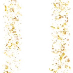 Holiday realistic gold confetti flying on black background.