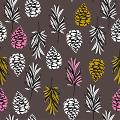Seamless color autumn elements of nature, pine nuts, leaves. Vector drawing autumnal theme for fashion,fabric,and all prints