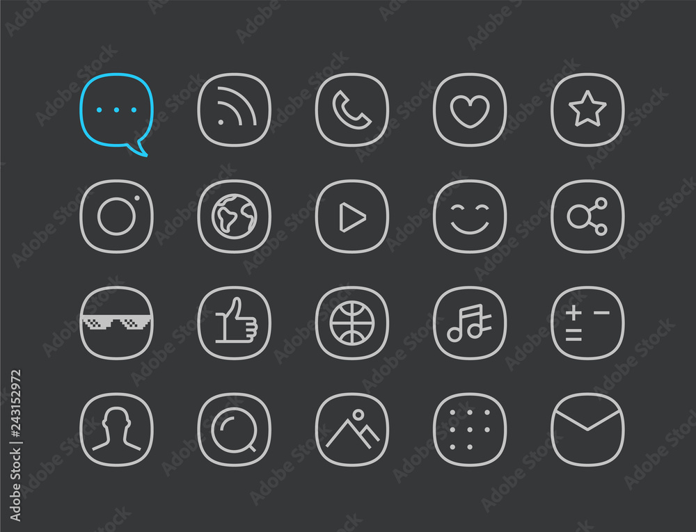 Poster Social media thin line linear mobile application icons set. Vector collection