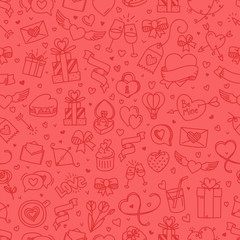 Valintaines Day red seamless background. Valentines day doodle vector elements