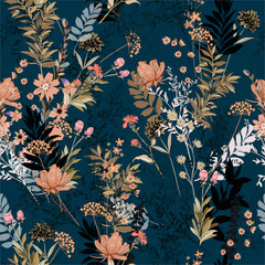 Materiał do szycia Beautiful Soft and gentle in the dark garden full of blooming flower in many kind of florals seasonal seamless pattern vector ,hand drawing style for fashion, fabric and all prints