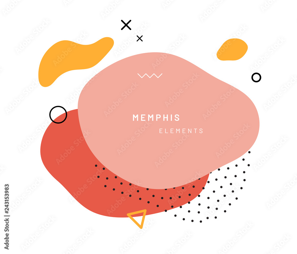 Poster Abstract geometric shapes or texture in memphis style. Retro summer pattern with red, yellow and pink colors. Modern poster design or background composition dots and triangle, free shape form.
