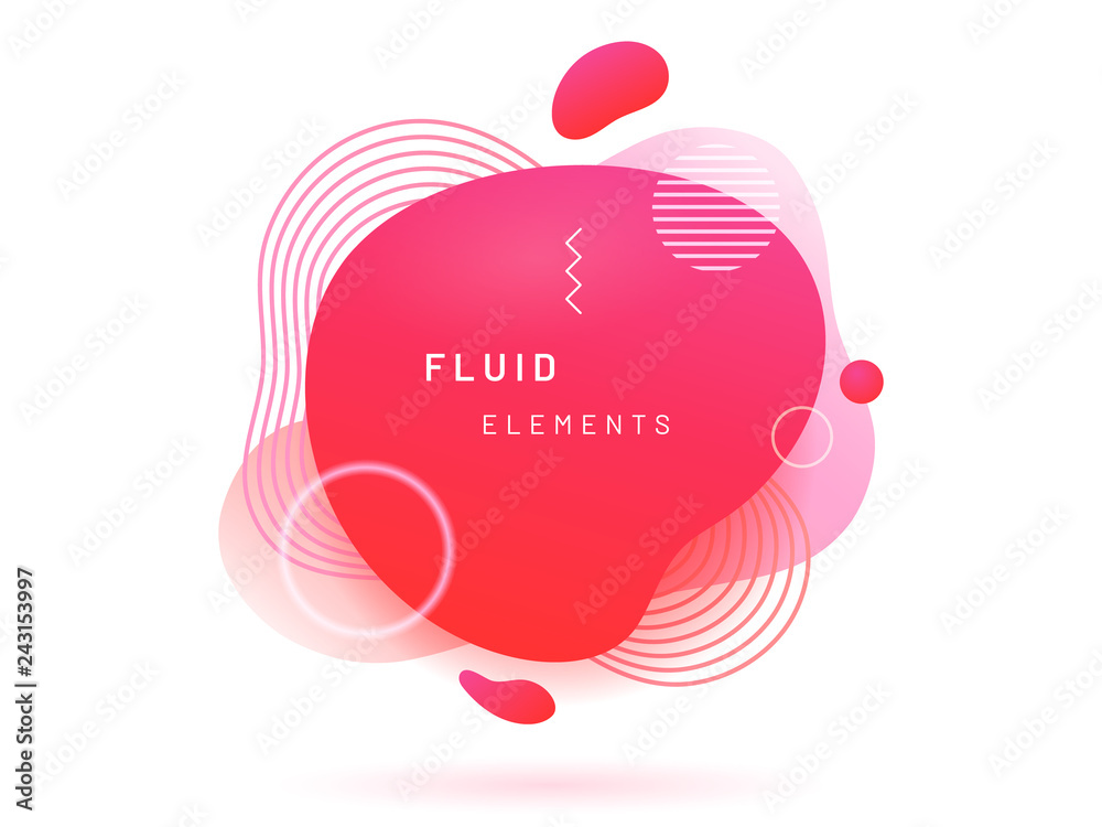 Poster Red liquid blob with lines and circle. Coral abstract fluid spot as template for logo background. Crimson gradient aqua blotch for modern card design. Dynamical colored circles and lines in free shape