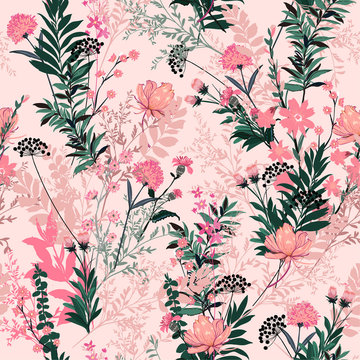 Sweet pastel Soft and gentle in the summer garden full of  blooming flower in many kind of florals seasonal seamless pattern vector ,hand drawing style for fashion, fabric and all prints