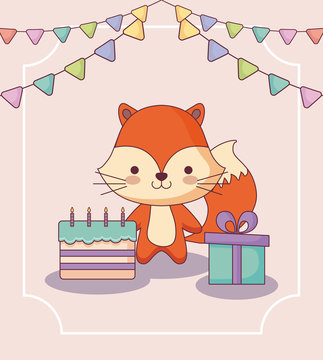 cute fox happy birthday card with gift and icons