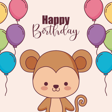 cute monkey happy birthday card with balloons helium