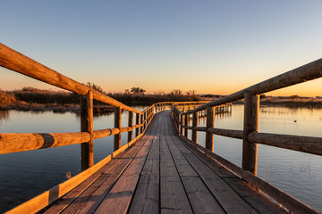 Wooden bridge with nature crossing a lake with romantic sunset.