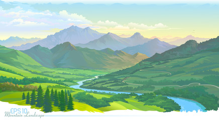 The mountains, the meadows, the green landscape and the river. Vector Image. © ActiveLines