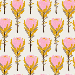 Fototapeta na wymiar Pastel Vintage pink protea flowers in seamless pattern vector regular repeat for fashion ,fabric and all prints