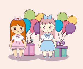 little girls with gifts boxes and balloons helium