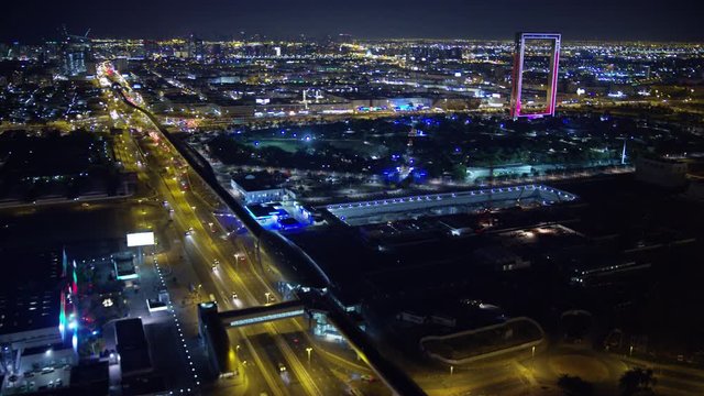 Aerial illuminated view Dubai Frame Zabeel Park UAE