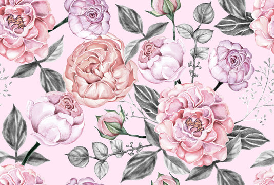 Seamless pattern pink rose flowers vintage on pastel color isolated  background. Watercolor illustration hand drawn.