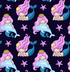 Seamless pattern with mermaid and dolphins on a dark blue background. Under the sea.