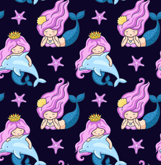 Seamless pattern with mermaid and dolphins on a dark blue background. Under the sea.