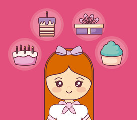 happy birthday with little girl and set icons
