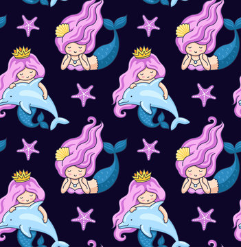 Seamless pattern with mermaid and dolphins on a dark blue background. Under the sea.
