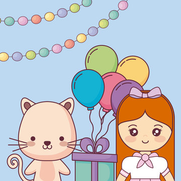 cute cat with little girl happy birthday card