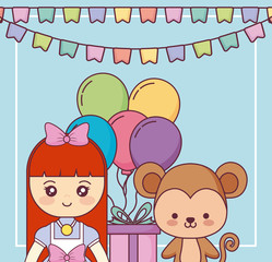 cute monkey with little girl happy birthday card