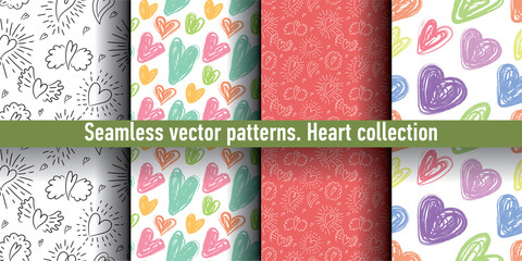 Heart seamless pattern set. Vector love illustration. Valentine's Day, Mother's Day, wedding, scrapbook, gift wrapping paper, textiles. Color background