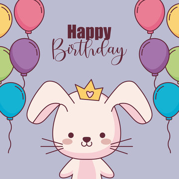 cute rabbit happy birthday card with balloons helium