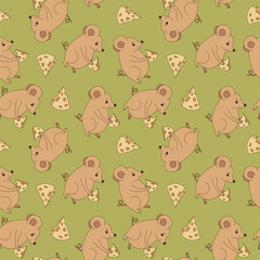 Mouse with the cheese. Cartoon vector seamless pattern. Handdrawn rodent. Rat. Symbol of 2020 year