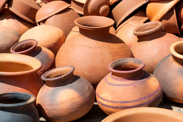 Fototapeta na wymiar Pots, dishes, and other articles made of baked clay.