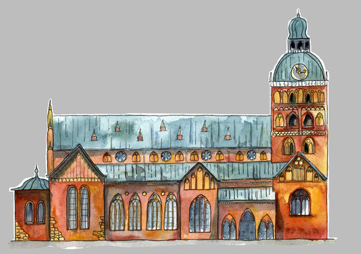 Hand drawn watercolor and ink illustration of the church in old european town. Design for tourists goods, backgrounds.