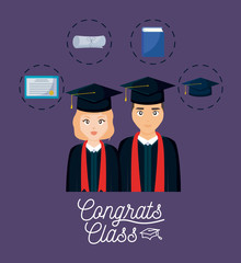 graduation celebration card with couple and set icons