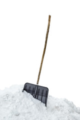shovel sticking out of the snow. Isolated. Tool for snow removal.