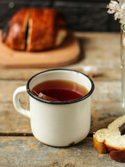 tea, hot drink (against the background of flowers). copy space