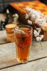 tea, hot drink (against the background of flowers). copy space