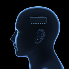 Human head with chip 3d rendering