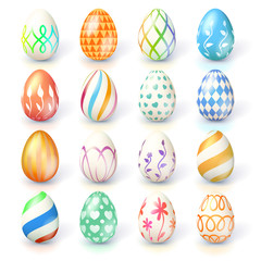 Set of Easter eggs isolated on white background. Hand made collection of Easter eggs with different textures and paintings. Realistic icons for spring, seasonal holidays