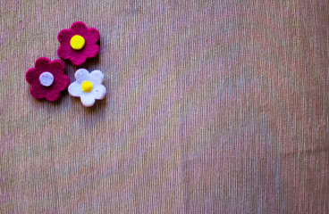 Garden felt flowers over grey background. Blank space for text. 