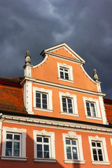 historical city facades on a stormy day