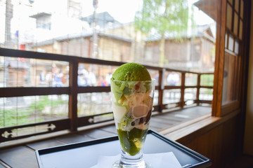Matcha (green tea) ice cream parfait in Gion, Kyoto, Japan