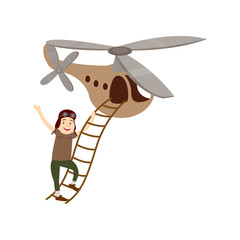 Funny young man enters a beautiful little helicopter.