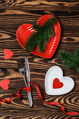 Valentine card with space for text. Dinner table. Love concept for mother's day and valentine's day. Valentine. Love. Valentine's Day postcard. Happy Valentine's day hearts on wooden background. 