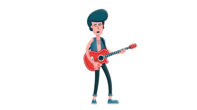 Musician with guitar sings a song. Flat cartoon character looped animation.